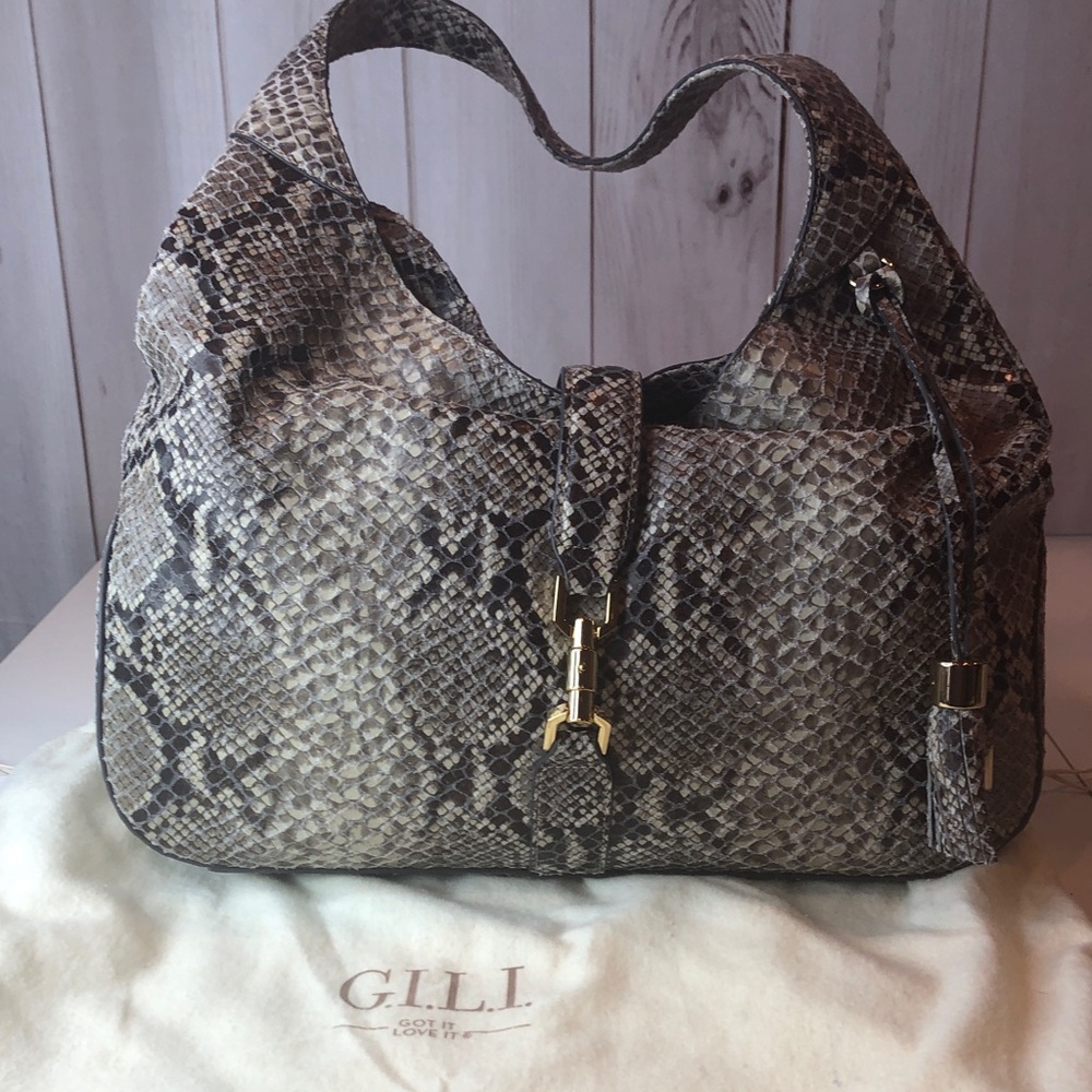 NWOT G.I.L.I. Soft Leather Python Print Large Hobo Shoulder Bag with Tassel